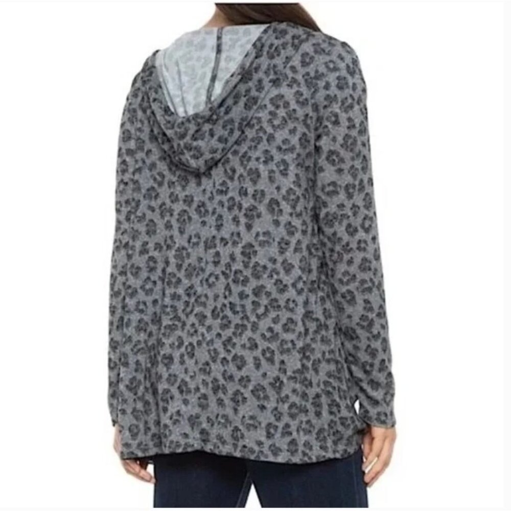Lucky Brand Cardigan Hoodie Sweater Large Gray Leopard Print Loungewear - Picture 4 of 14
